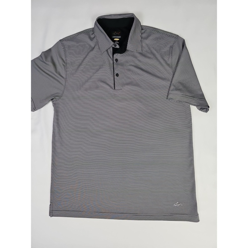Greg Norman Polo Golf Shirt Black & Gray‎ Stripe Play Dry Mens L